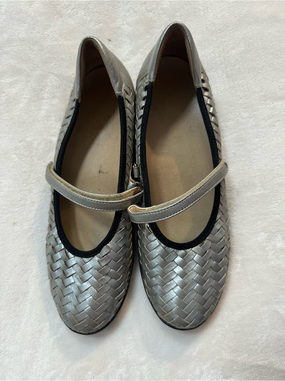 Woven Leather Mary Jane Flats in Metallic Silver 7.5